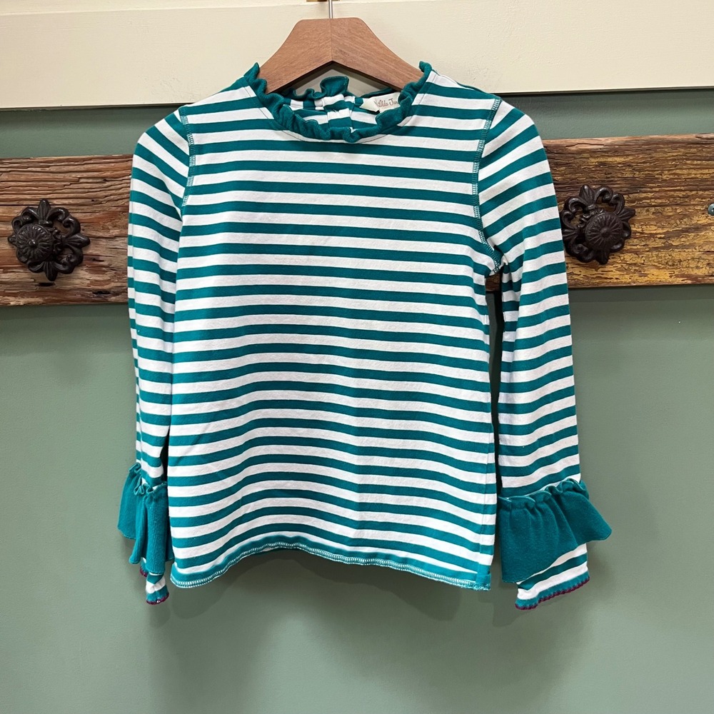 Matilda Jane Kids Teal White Striped Ruffle Neck Long Sleeve Top Size 8